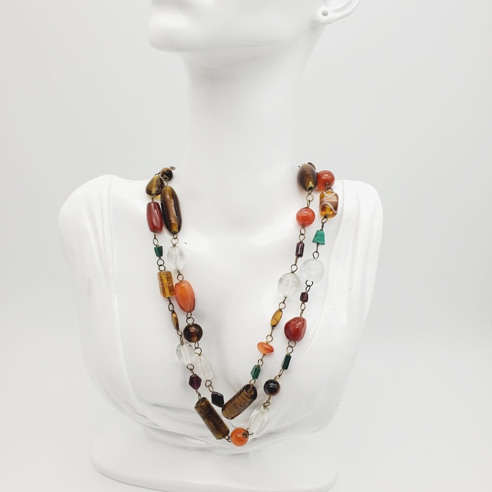 Stone & Glass Beaded Necklace Artisan Orange Brown Malachite Quartz Opera Length